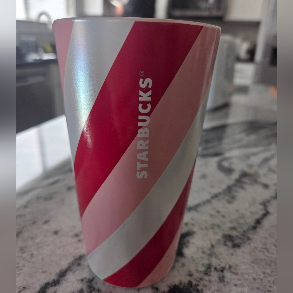 Starbucks Peppermint Holiday Christmas Ceramic Red and Pink Travel Mug Tumbler